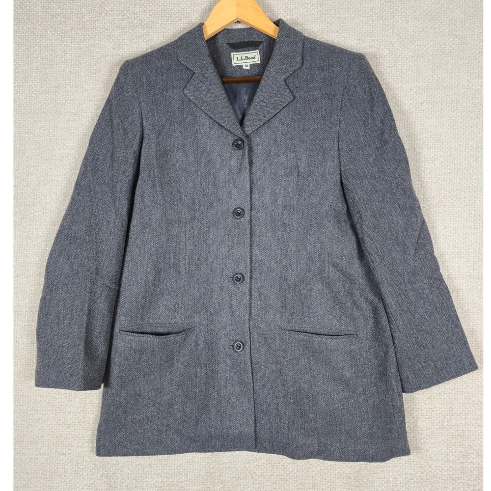 LL Bean Womens Gray Wool Lambswool Herringbone Blazer Jacket Size 10 Made in USA